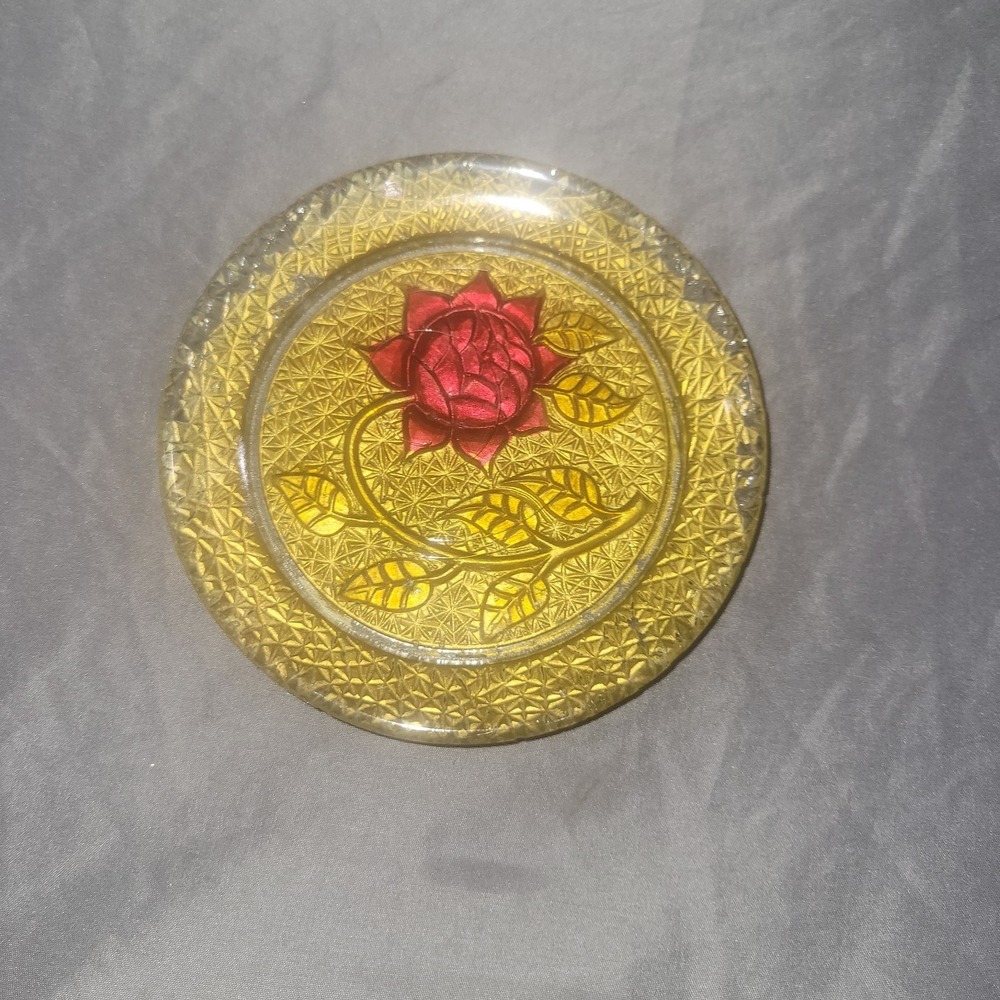 Antique Victorian Heavy Press Art Glass Goofus Plate Encrusted Gold Roses